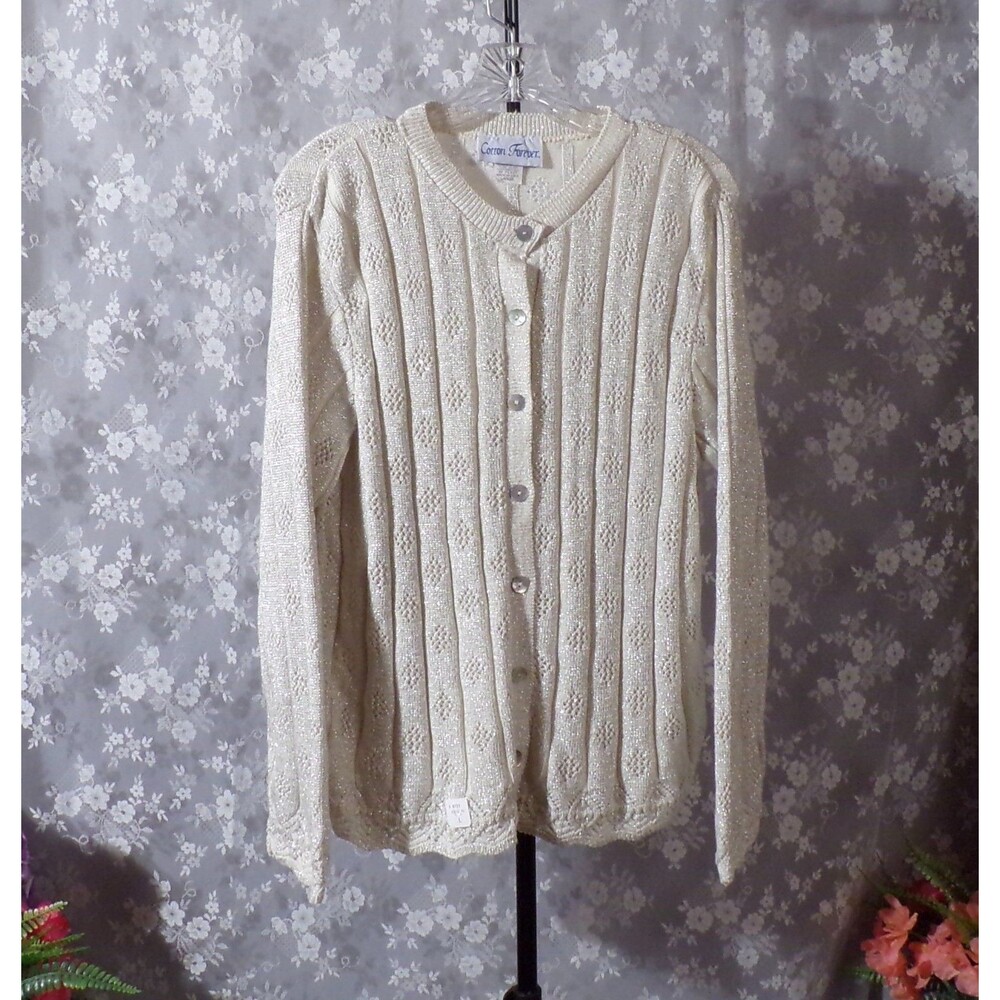 Vintage 80s Cardigan 1980s Silver Lurex Sparkle Holiday Retro Granny Glam Size L
